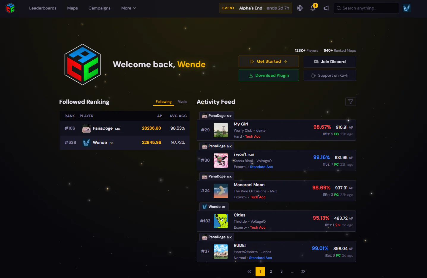 AccSaber Reloaded activity feed and ranking interface